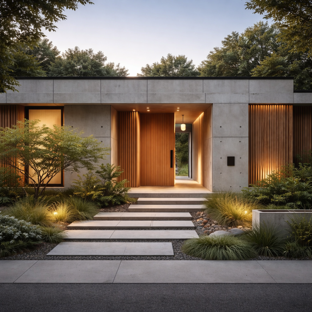 A minimalist concrete home façade at dusk with a recessed wood-lined entry, softly lit pathway steps, and landscaped greenery framing the entrance.