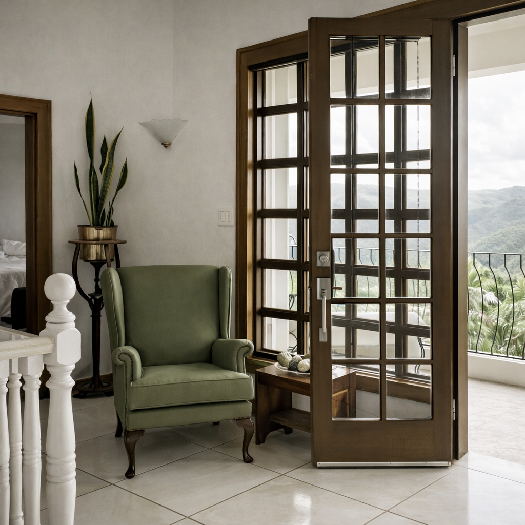 Sunlit corner with a green armchair beside open French doors overlooking lush hills.