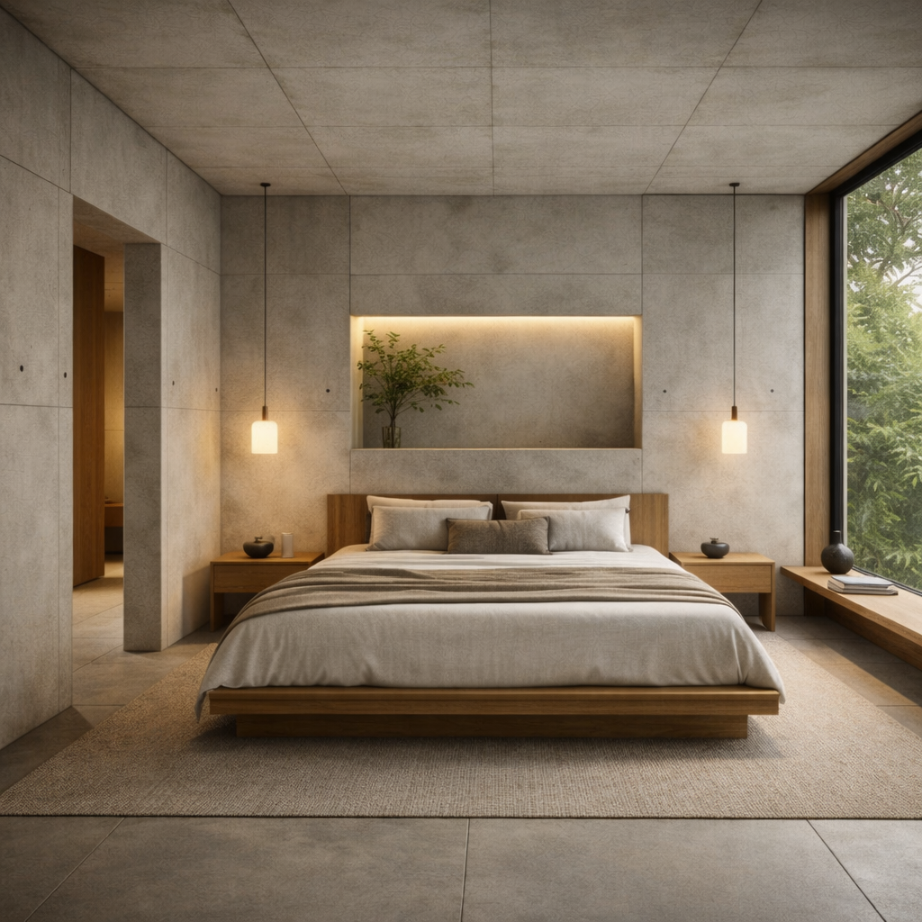 A minimalist concrete bedroom with a low wooden bed, warm pendant lighting, built-in niches, and a large window framing leafy greenery.
