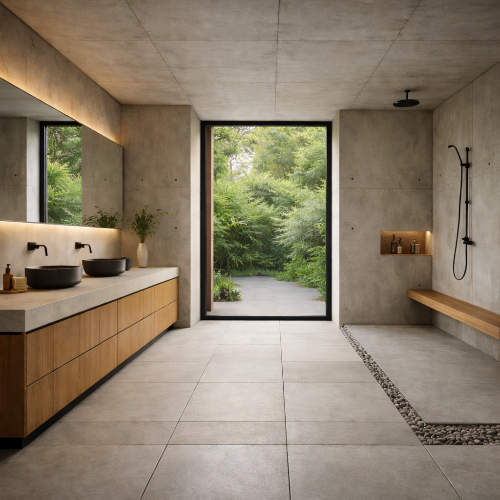A serene, minimalist concrete bathroom with a double vanity, walk-in shower, and a large glass door opening directly onto a lush green garden.