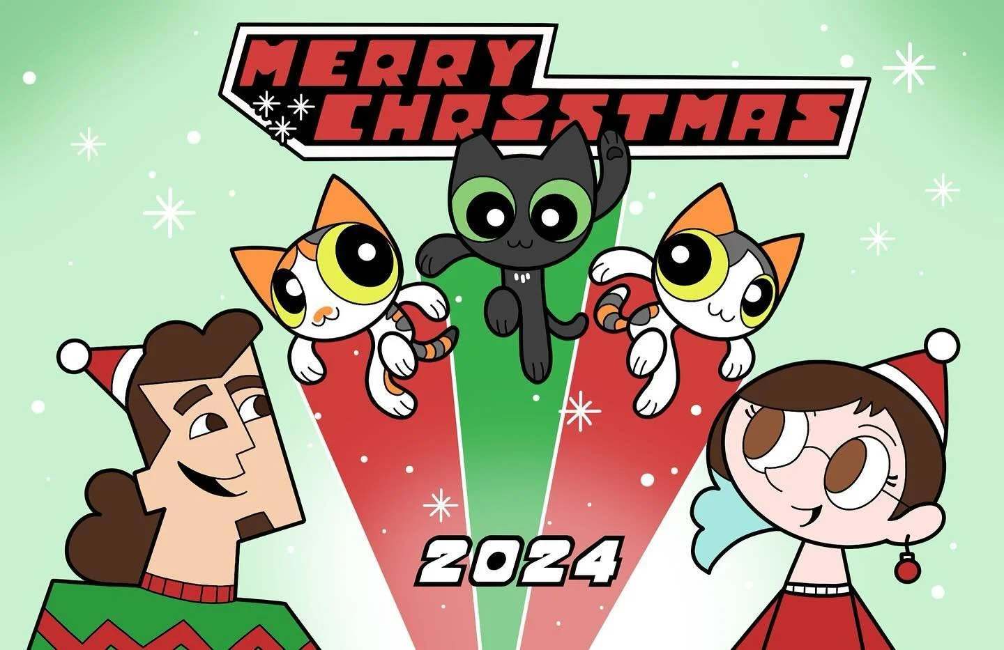 A very merry Christmas to all!! 
It was my year for the Christmas card drawing &amp; I went with Powerpuff Girls as the theme. Fun fact: Pixel &amp; Poly were originally named Buttercup &amp; Bubbles and had another sister named Blossom, so it just f