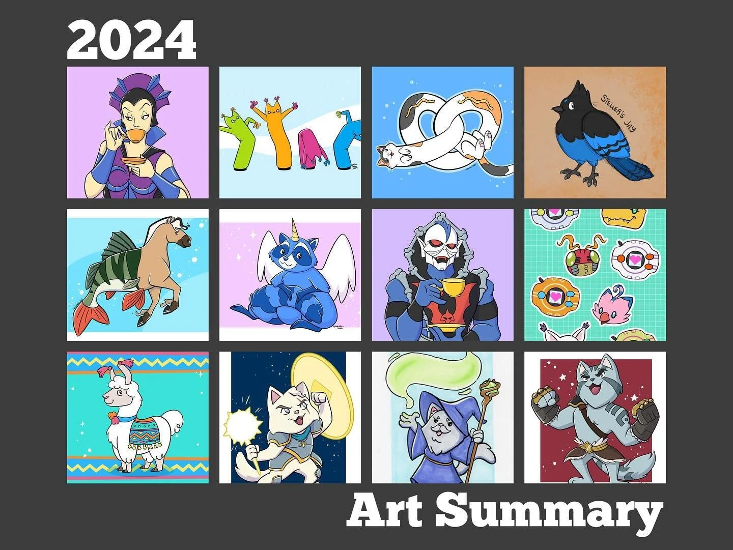 Some of my favorite things I drew each month this year. And a lot of things I&rsquo;m really proud of. Especially my Tea-Man &amp; Vox Meowchina series 🩵
#artsummary #artsummary2024 #12monthsofArt #fanart #digitalary #happynewyear