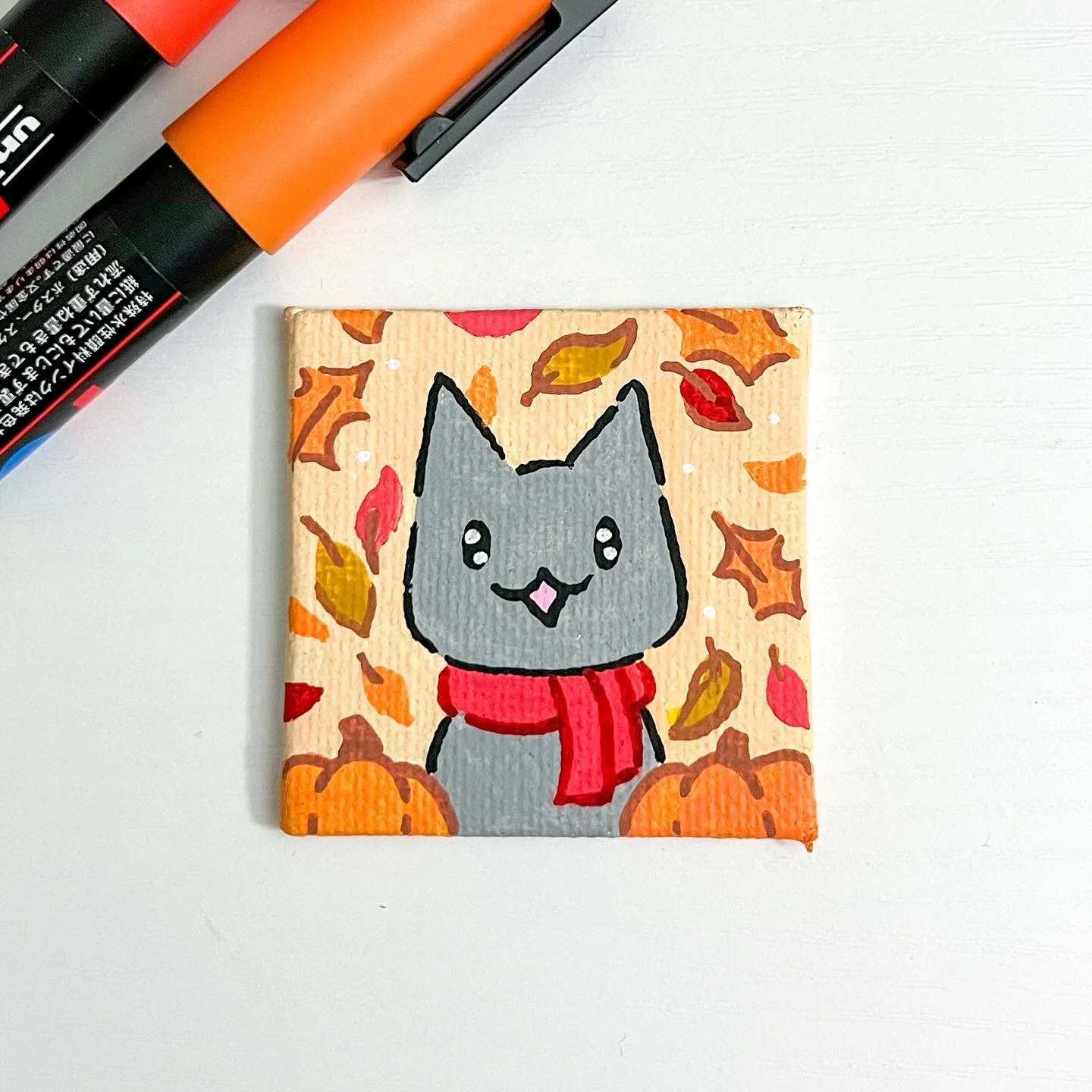 Here&rsquo;s the last lil cat painting: Fall 🍂
#cat #fall #autumn #autumnvibes🍁 #minipainting #minicanvaspainting #poscamarkers