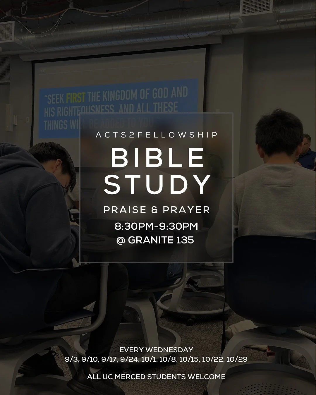 What&rsquo;s new? Senior Panel Q&amp;A! Stress/Time Management Workshop! DIY Jewelry Making! 5K Run! See what interest you and join us! All students welcome!

#upcomingevents #ucmercedlife #ucmerced #biblestudy #sundayservice #5krun #acts2fellowship 