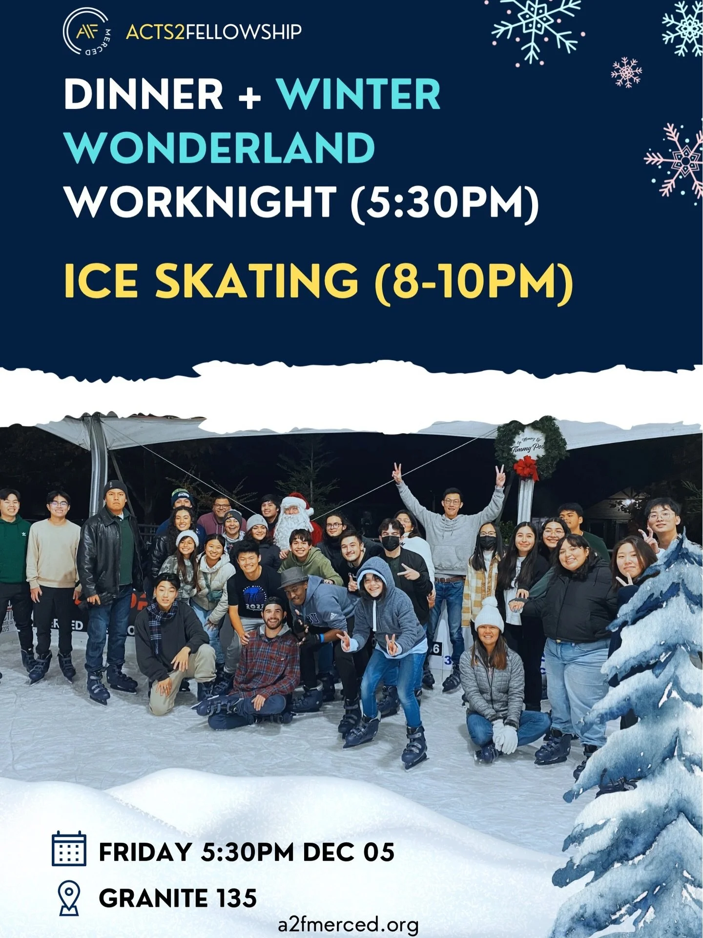 Dinner followed by Winter Wonderland Prep! Then we will go Ice Skating! On Sunday we have PIE DAY. (link in bio to pie your friends). Then Winter Wonderland. Then Farewell for Tom/Vicky &amp; Family! Will you be there?

#acts2fellowship #a2fmerced #u