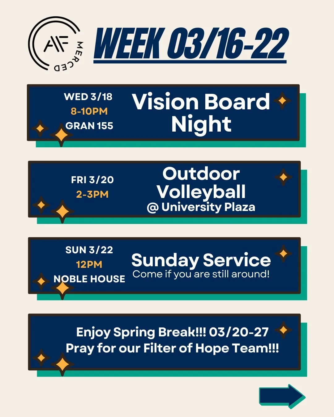 Check out events this week and in coming weeks! Baptism an Easter Sunday is coming fast!

#acts2fellowship #a2fmerced #ucmerced #ucmercedlife #eastersunday