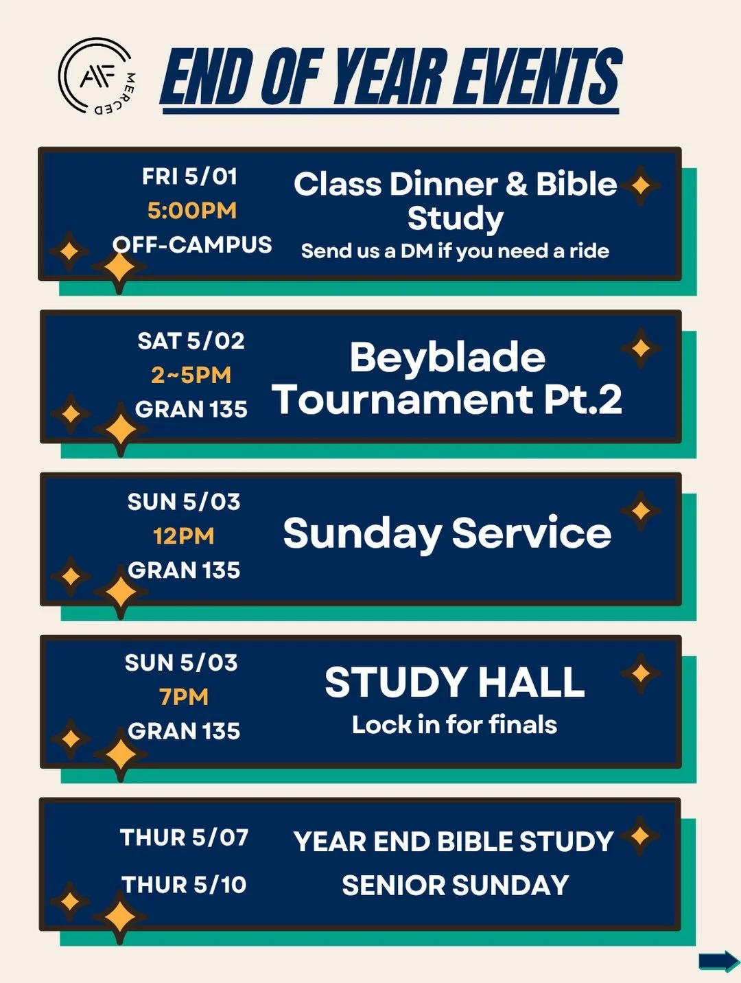 Let&rsquo;s finish strong! Don&rsquo;t miss our End of Year Bible Study a Senior Sunday. WILL YOU BE THERE?! Let people know!!!!

#acts2fellowshio #a2fmerced #biblestudy #ucmerced #ucmercedlife