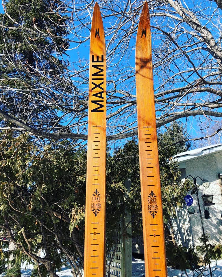 Growth charts made from vintage skis.