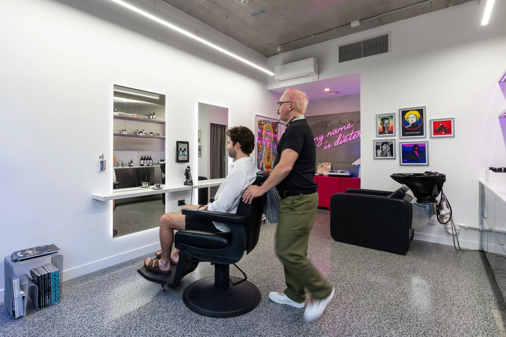 Dieter Slicke's new barbershop bright and brutalist designed fitout built by Demark Lane