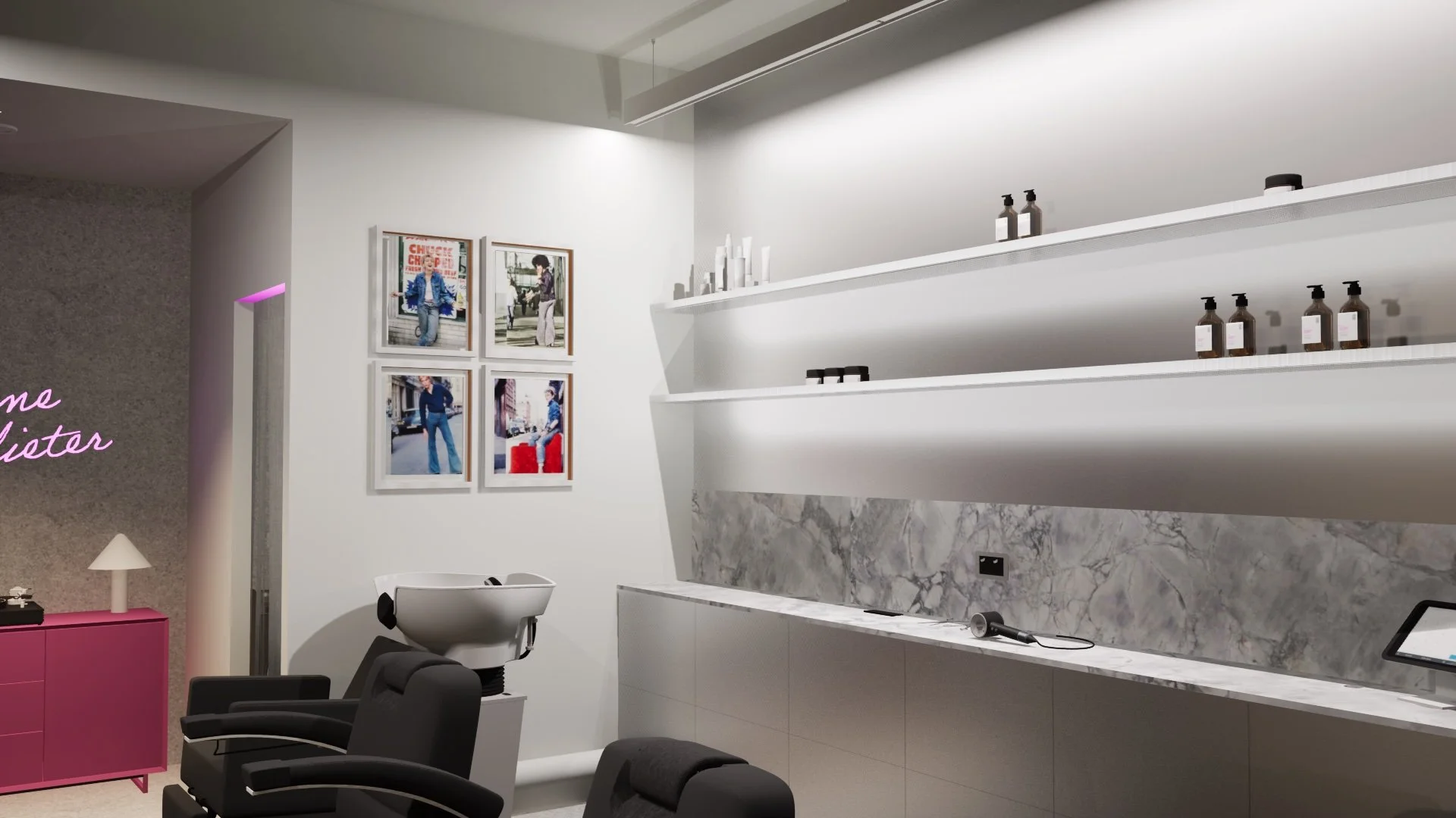 Render of Dieter Slicke barbershop fitout with wash basin, artwork and stainless steel joinery + shelves