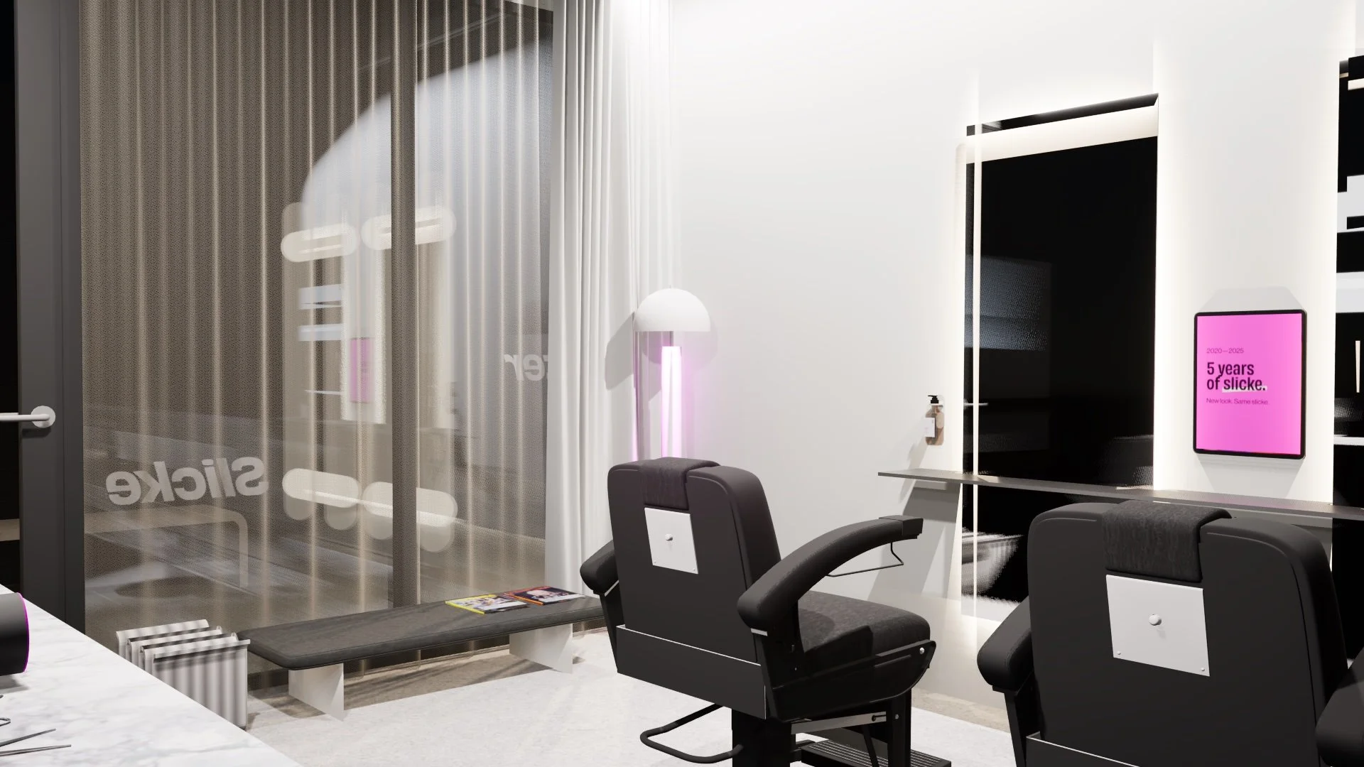 Render of Dieter Slicke's barbershop design with barber chair and mirrors