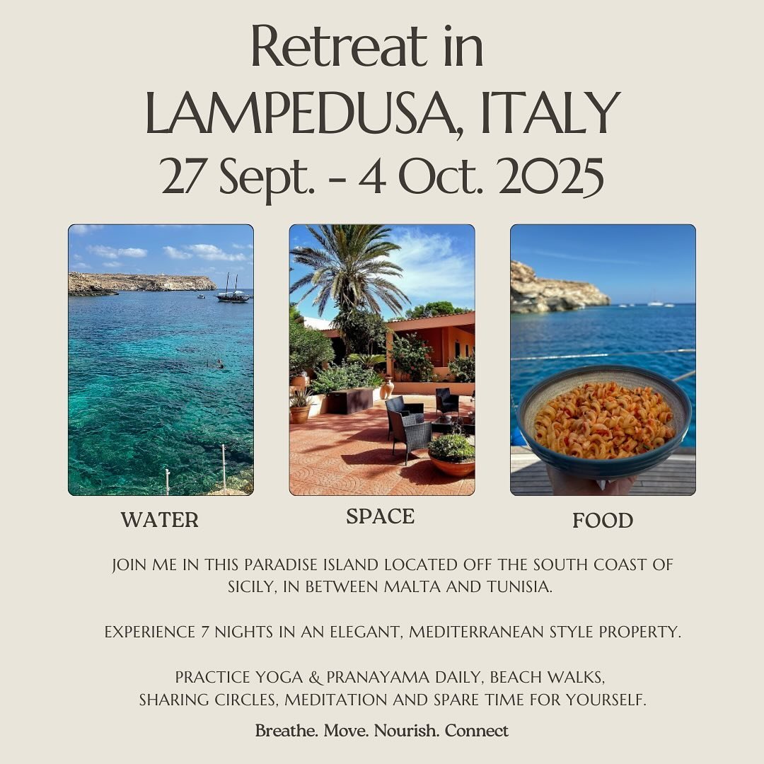 I am  beyond excited to share this Retreat in Lampedusa, Italy with you.

27 September to 4 October 2025

📌Registration open from today!

Designed for anybody who likes to travel, practice yoga, explore Italian culture but also needs to lower stress