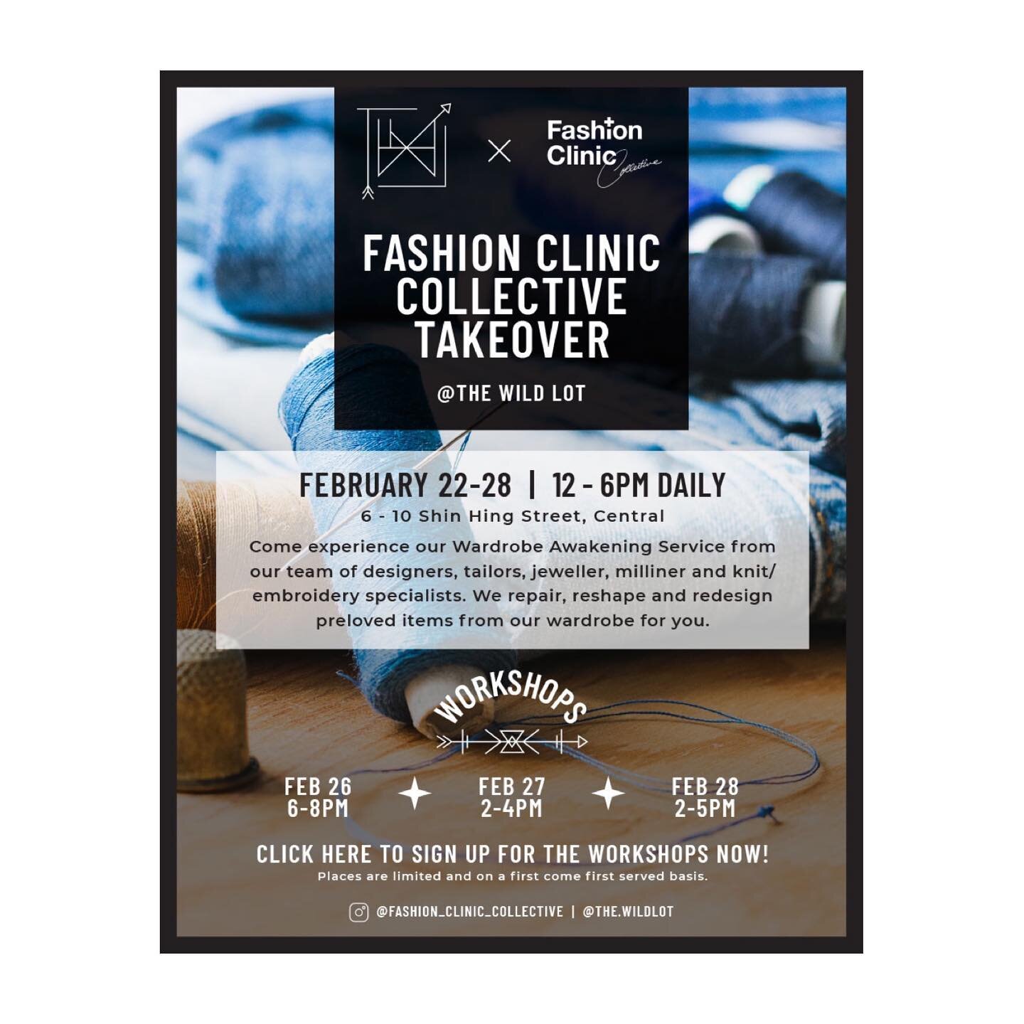 Mark your calendars- @fashion_clinic_collective is taking over The Wild Lot from Feb 22-28, 12-6pm daily!! 
Please refer to our link in bio for Eventbrite to sign up for any/all of the 3 weekend workshops where you can participate!

We are so excited