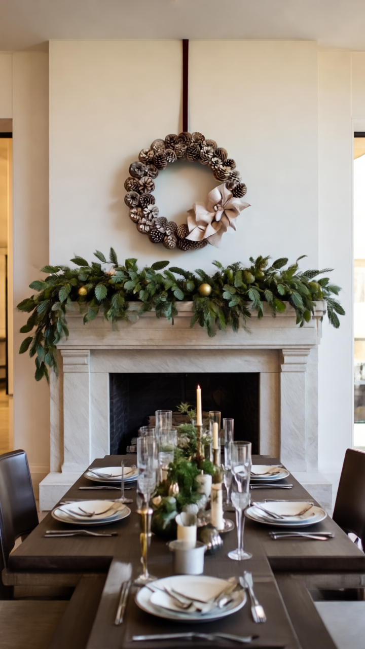 Gen4Turbo Place the wreath centered above a limestone fireplace with a dining table in fron 12580559.png