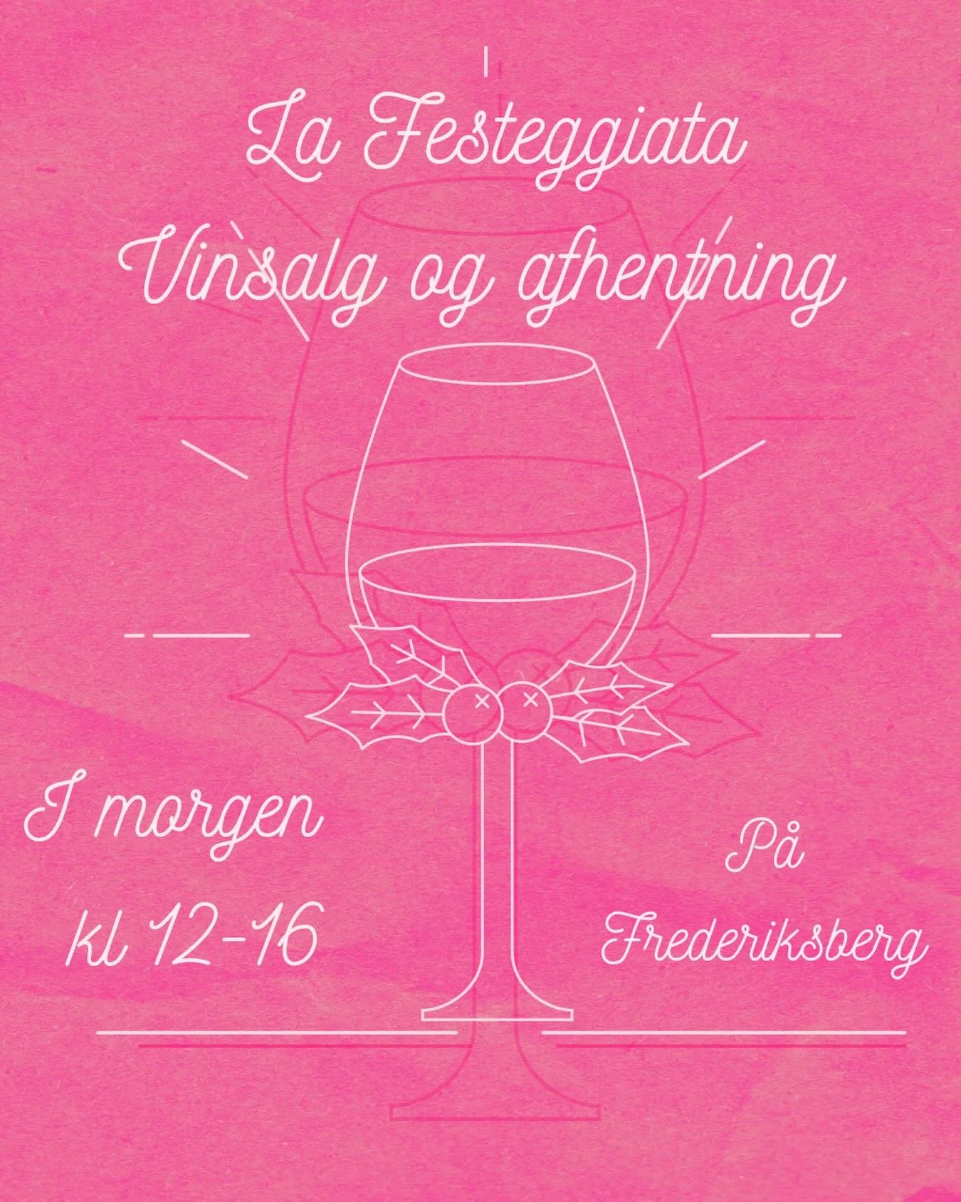 S&aring; er det i morgen du kan komme forbi og hente din jule-vin hos os p&aring; Frederiksberg 🍾

Vi har et lille glas varmt gl&oslash;gg og gode jule-tilbud ❤️🎄

Vi st&aring;r klar mellem 12-16👏