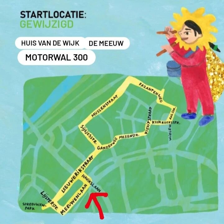 De startlocatie van de parade is gewijzigd naar de Meeuw (motorwal 300) vanwege het weer! 
De workshops kunnen op deze manier allemaal droog plaatsvinden. 
Kom je kostuums maken, dansen en trommelen? Kom dan om 13.00!
Studeer je met ons het buurtlied