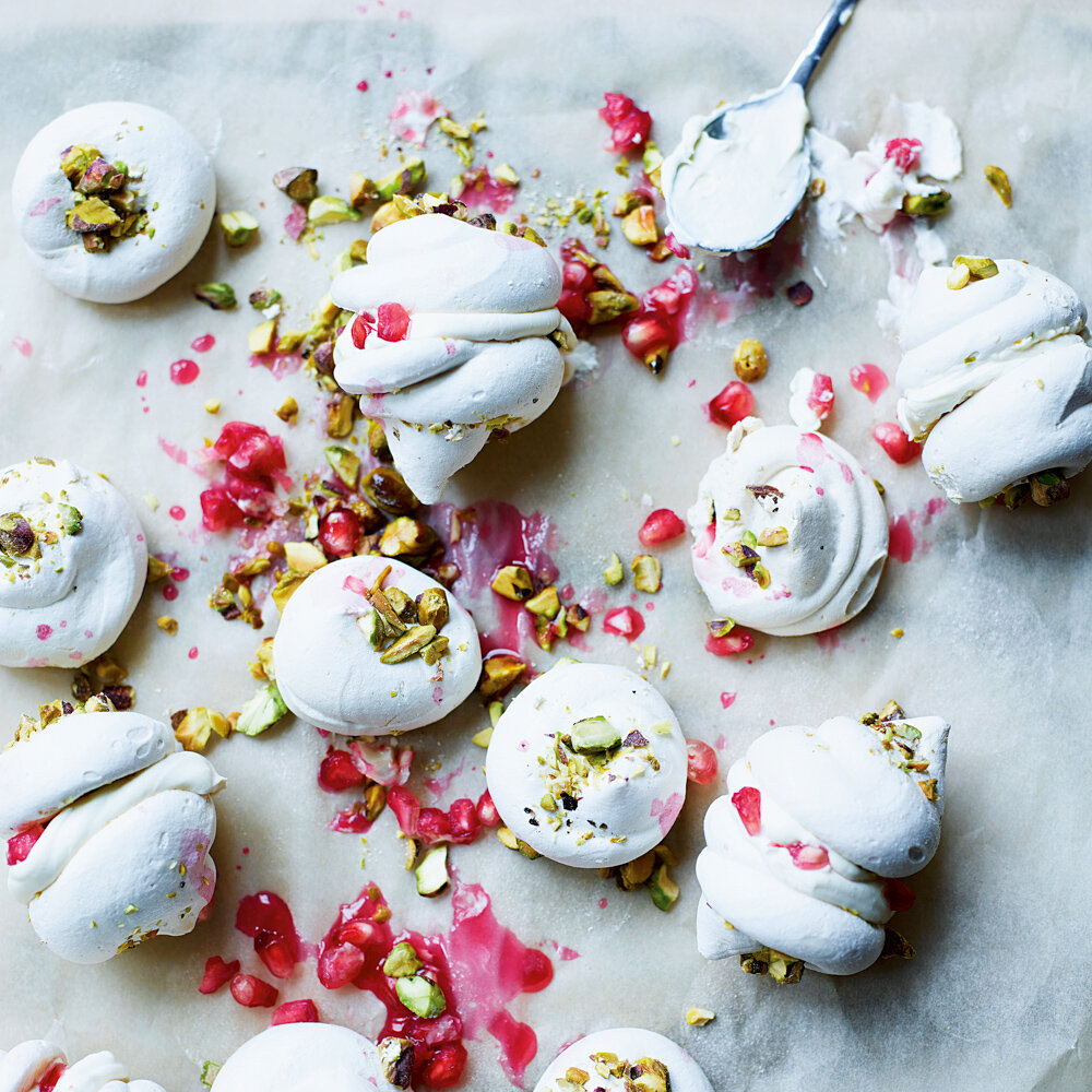 Pomegranate Meringues with Pistachios