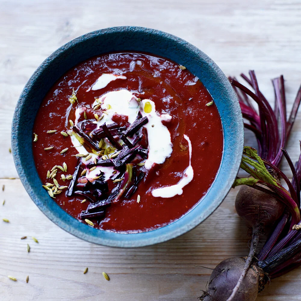 Beetroot &amp; Fennel Seed Soup with Ginger Crème Fraîche