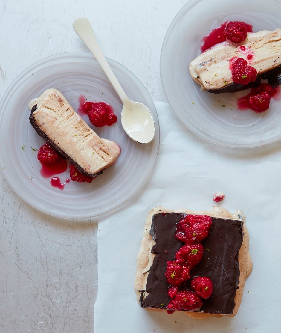 Cinnamon Semifreddo with Chocolate Drizzle and Raspberries