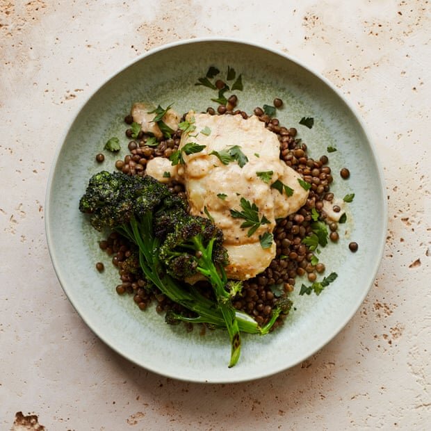 Poached Smoked Haddock with Grilled Purple Sprouting Broccoli, Lentils and Anchovy Cream
