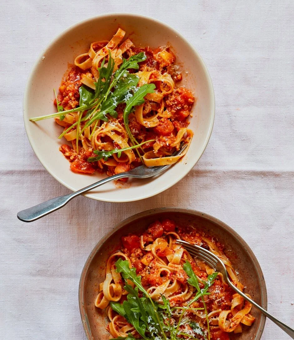Summer Tomato Tagliatelle with Toasted Walnut and ’Nduja Pesto