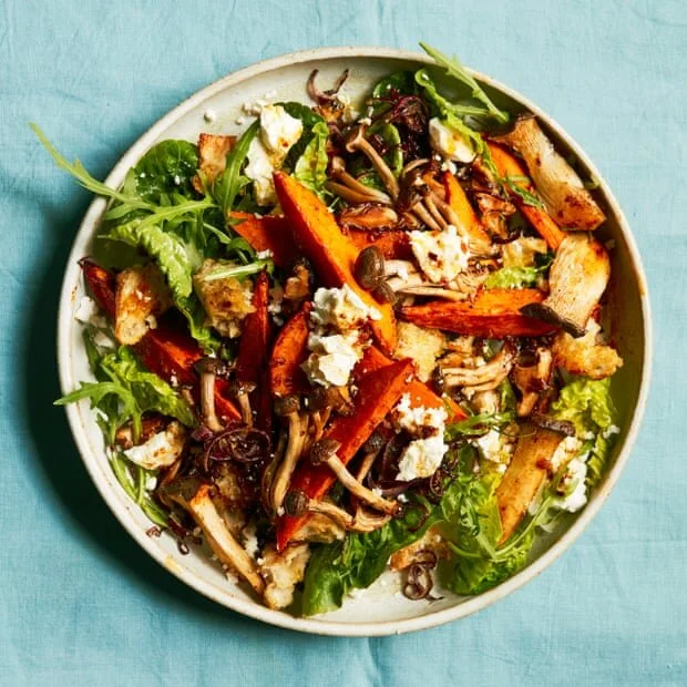 Roast Mushroom and Sweet Potato Salad with Sweet Balsamic Onions