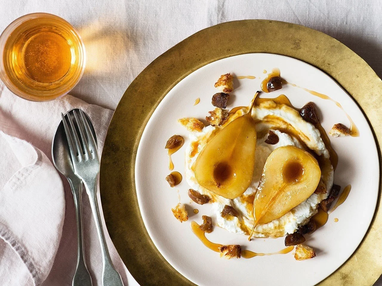 Caramelised Pears with Chestnuts and Goat’s Curd