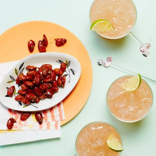 Fennel, Lemon and Smoked Paprika Almonds with Pink Grapefruit, Cardamom and Lime Mocktails