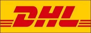 DHL logo featuring red text and stripes on a yellow background.