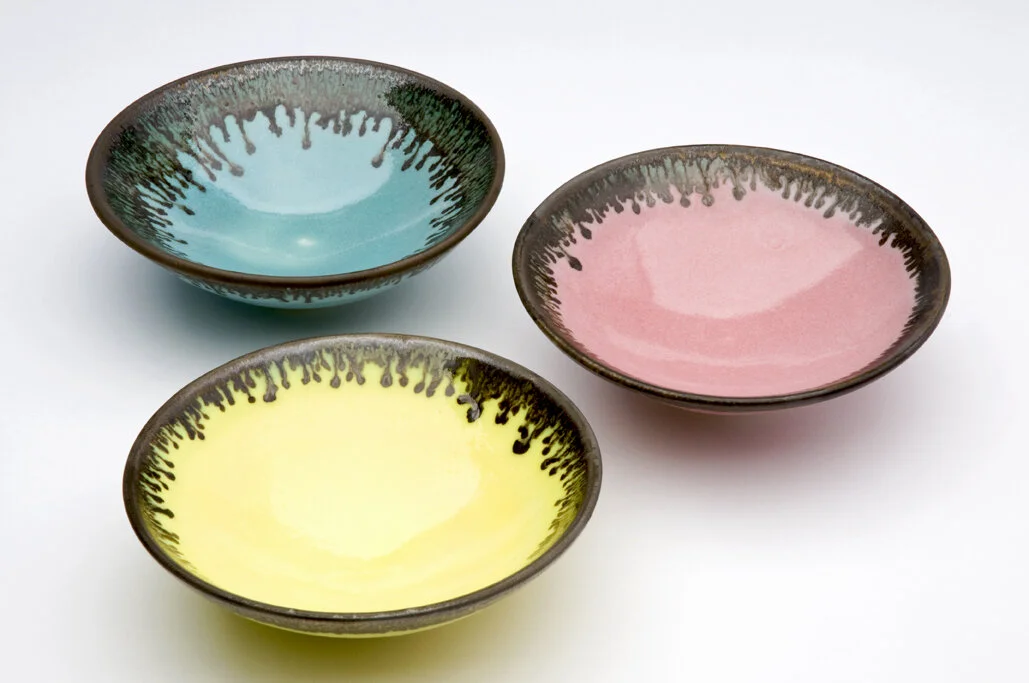 turquoise pink yellow wheel thrown porcelain gift trinket bowls handmade