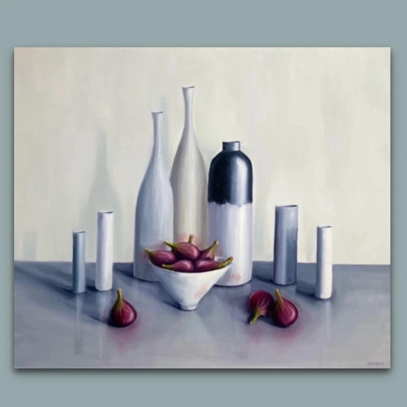 Still life oil painting of an array of pots with plumptious figs by British artist Jonquil Williamson
