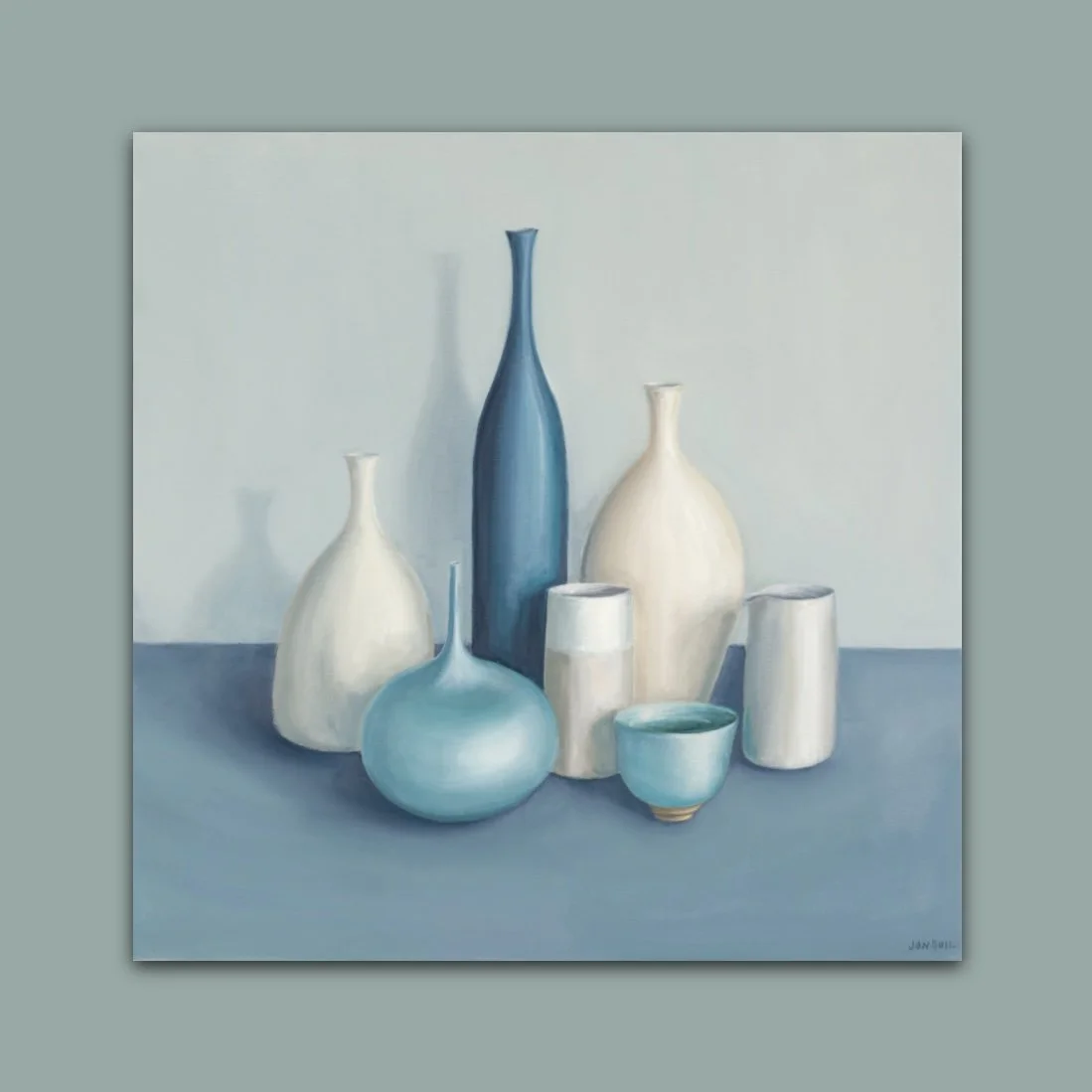 Blue and white pots in a Morandi inspired formation by British still life artist Jonquil Williamson