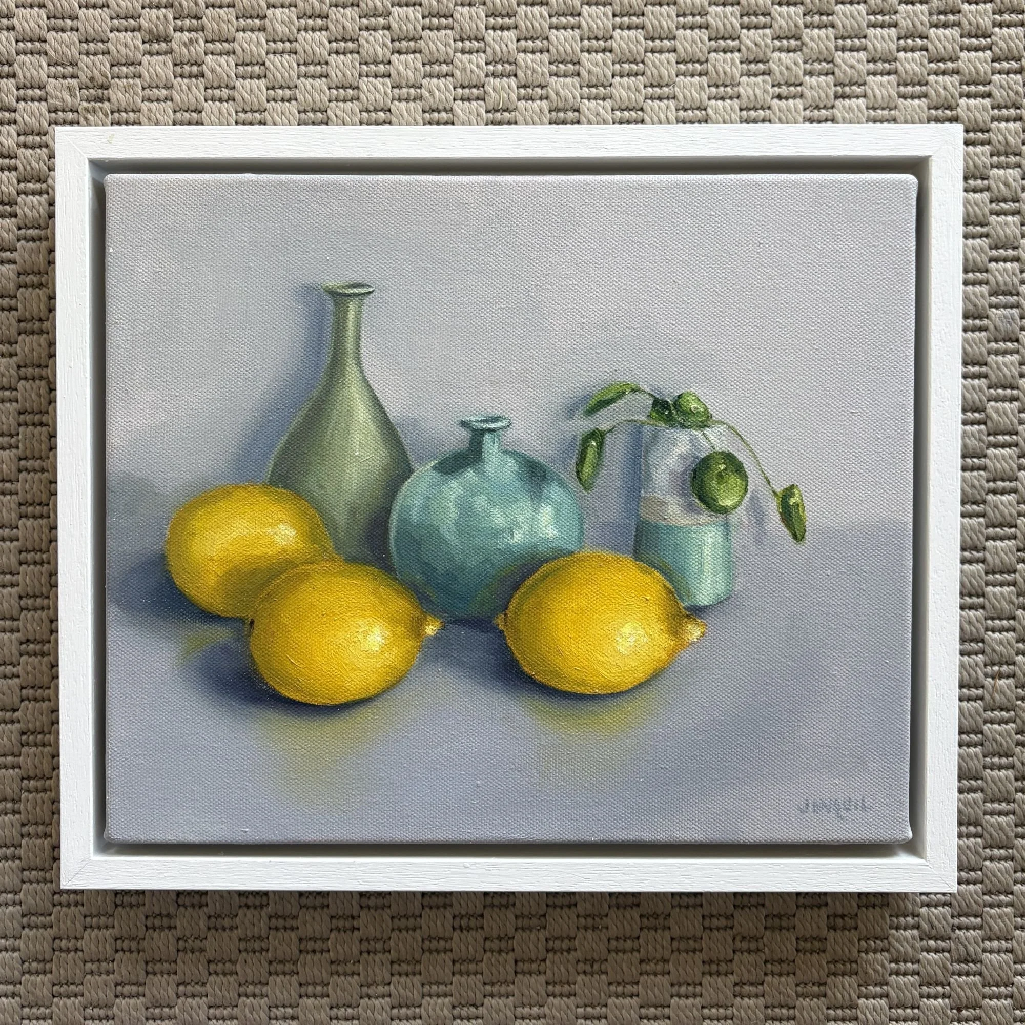 Original oil painting of lemons with green ceramic pots, contemporary realist still life, framed 34x29cm.JPG