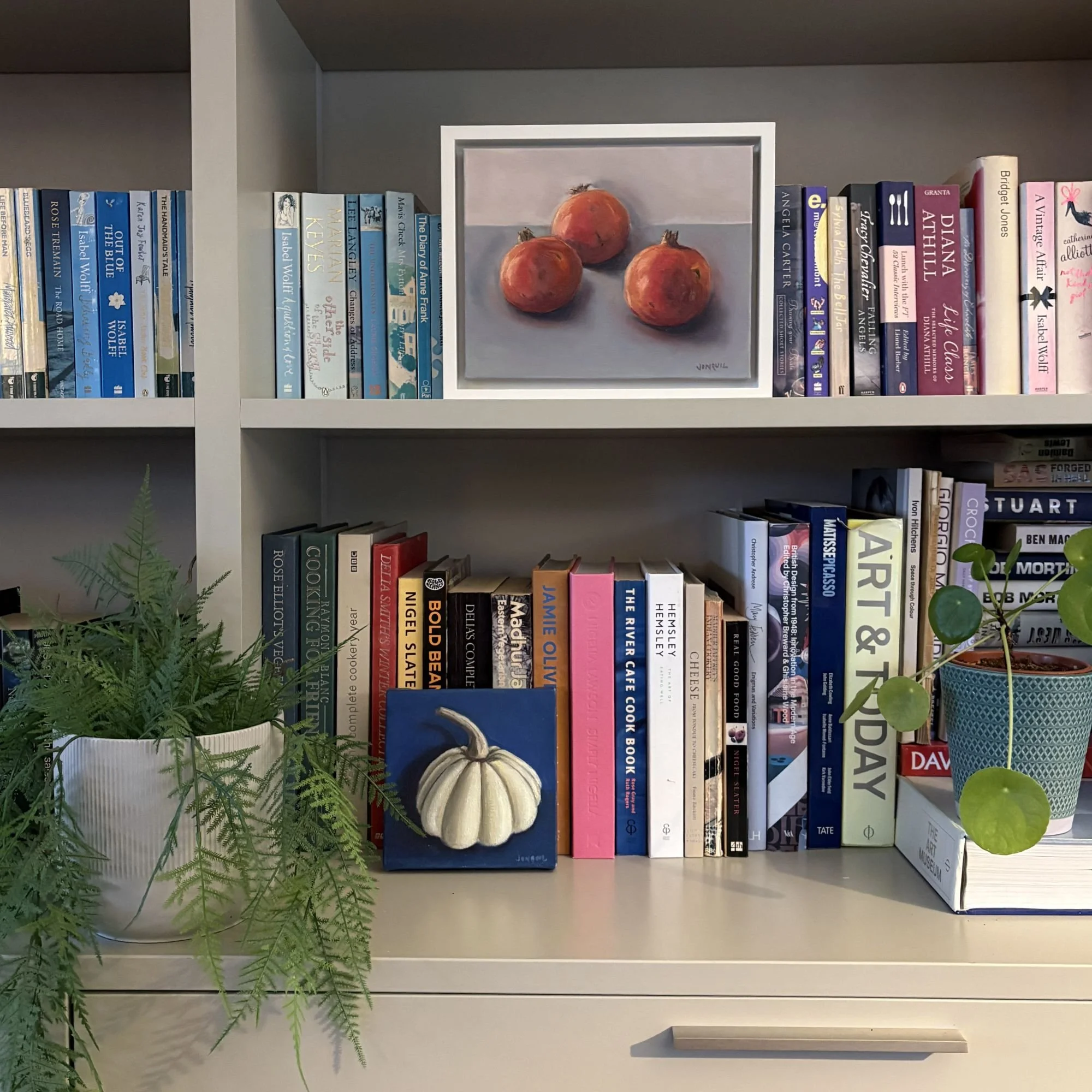 Three pomegranates, 29x24cm contemporary realist oil painting on canvas.