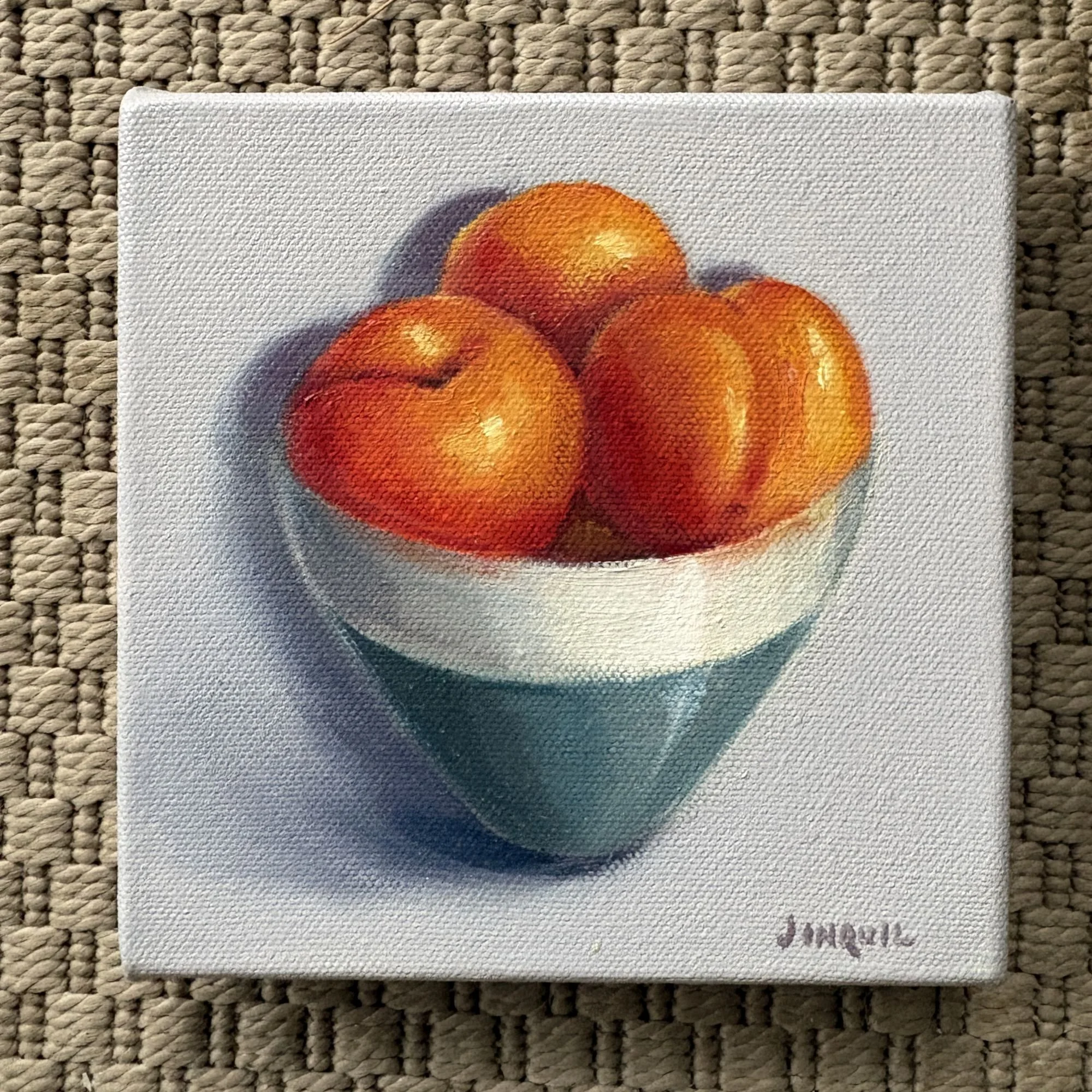 Mini oil painting of apricots in a bowl, 15x15cm original still life