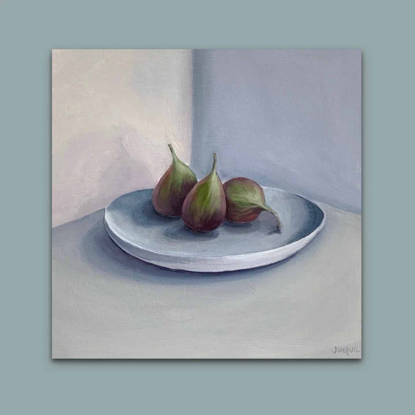 Calming and neutral still life oil painting of figs on a plate in a blue bowl by British artist Jonquil Williamson