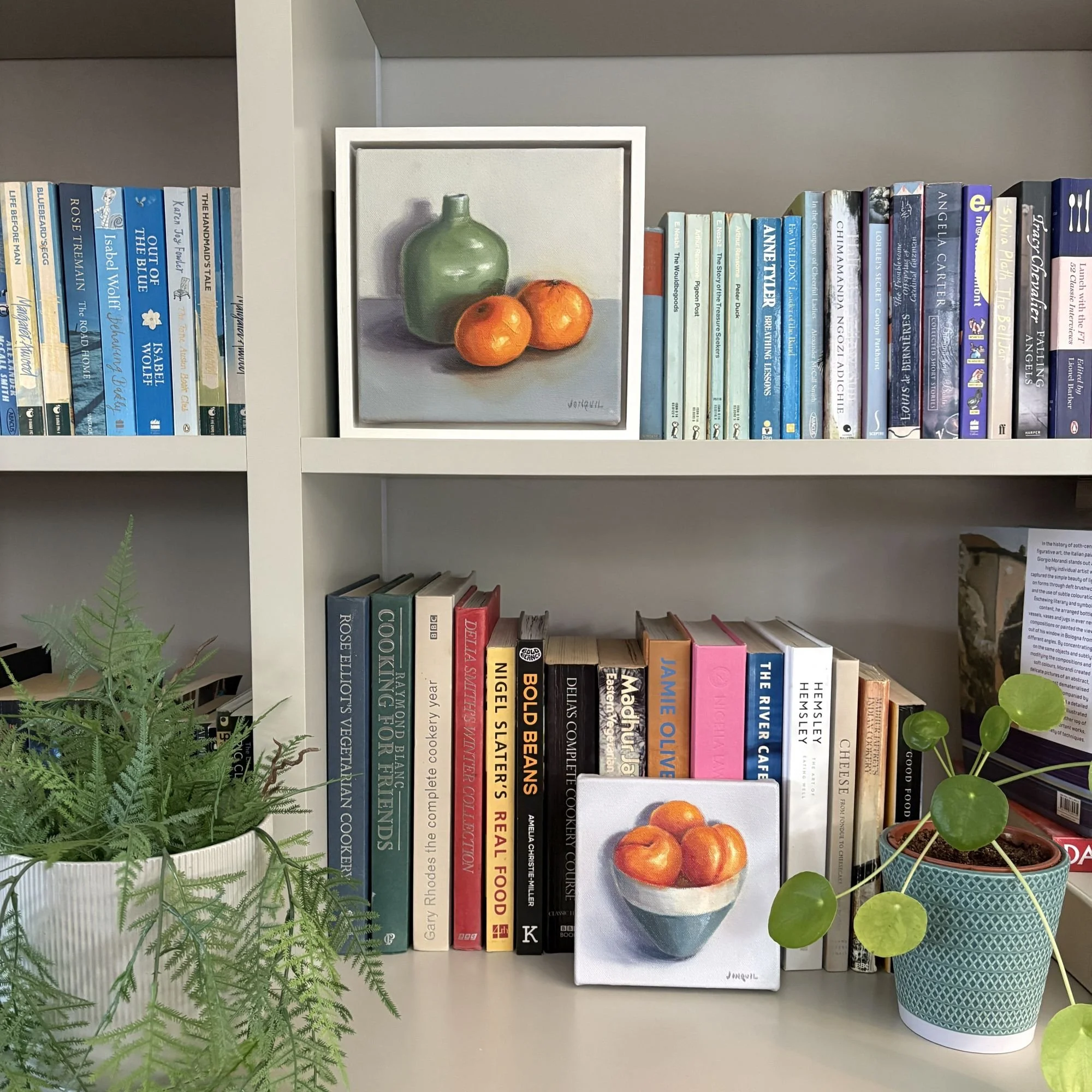 Clementines beside a green ceramic vase, 24x24cm contemporary realist oil painting