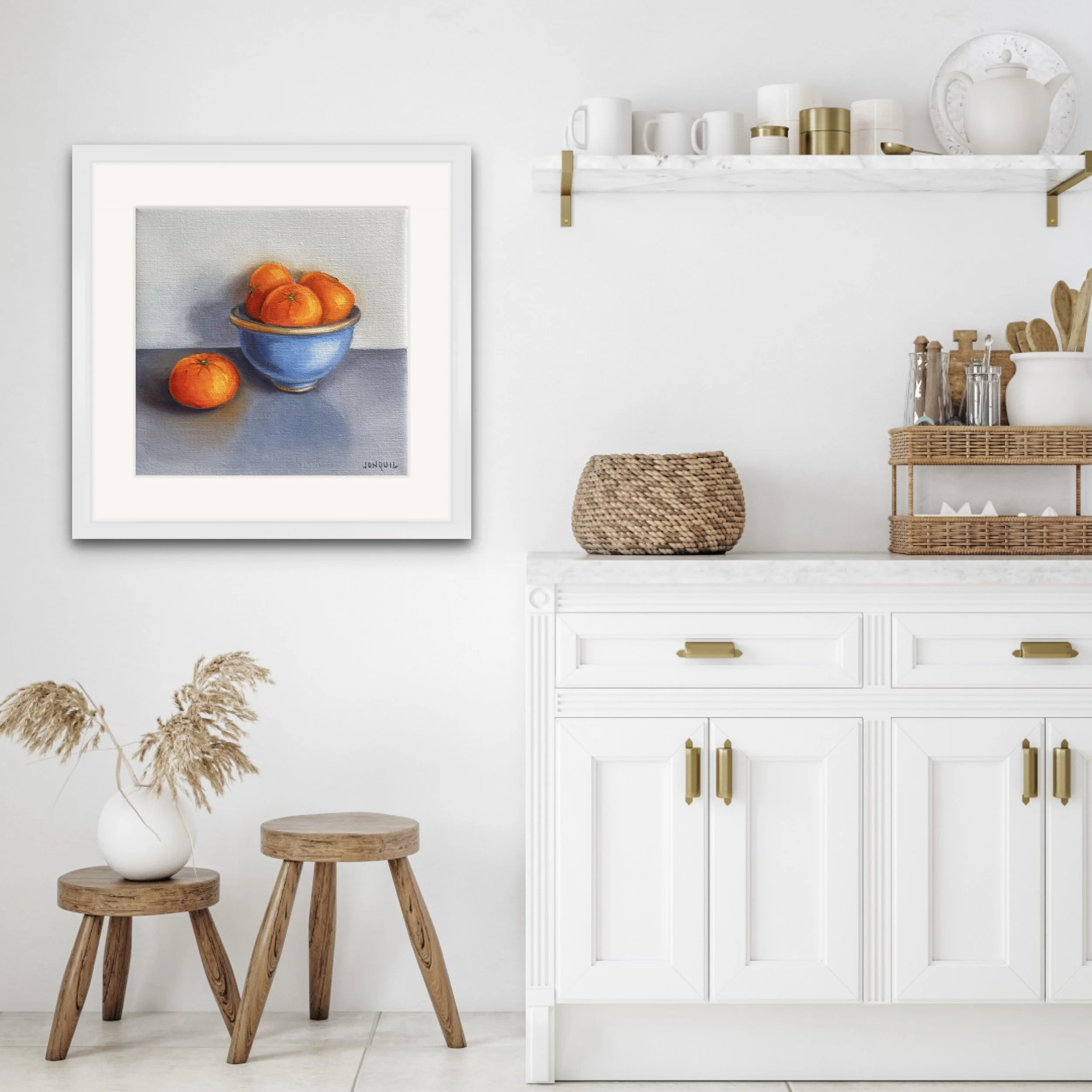 Fine art giclée print of an original oil painting showing vibrant clementines in a blue bowl by Jonquil Williamson.JPEG