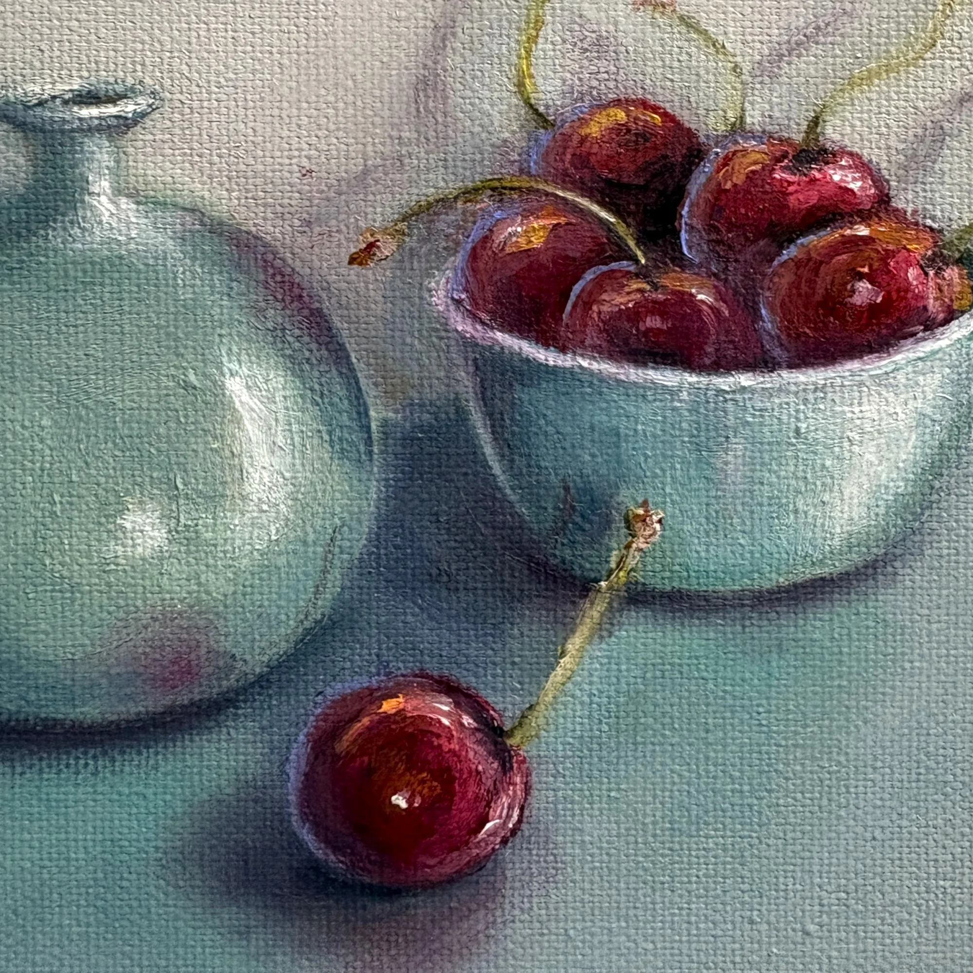 Original contemporary realist oil painting of cherries with ceramic bottles, framed 29x24cm.