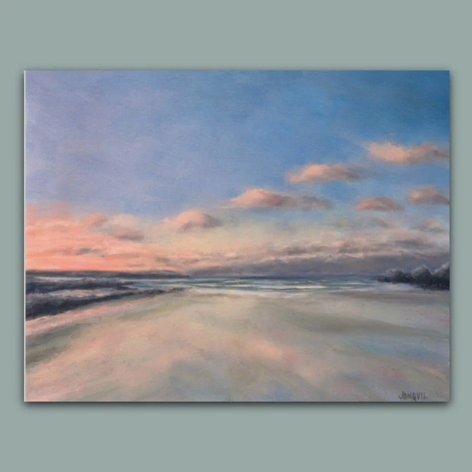 Seascape oil painting of of a lovely soft pink Cornish sunset by British artist Jonquil Williamson