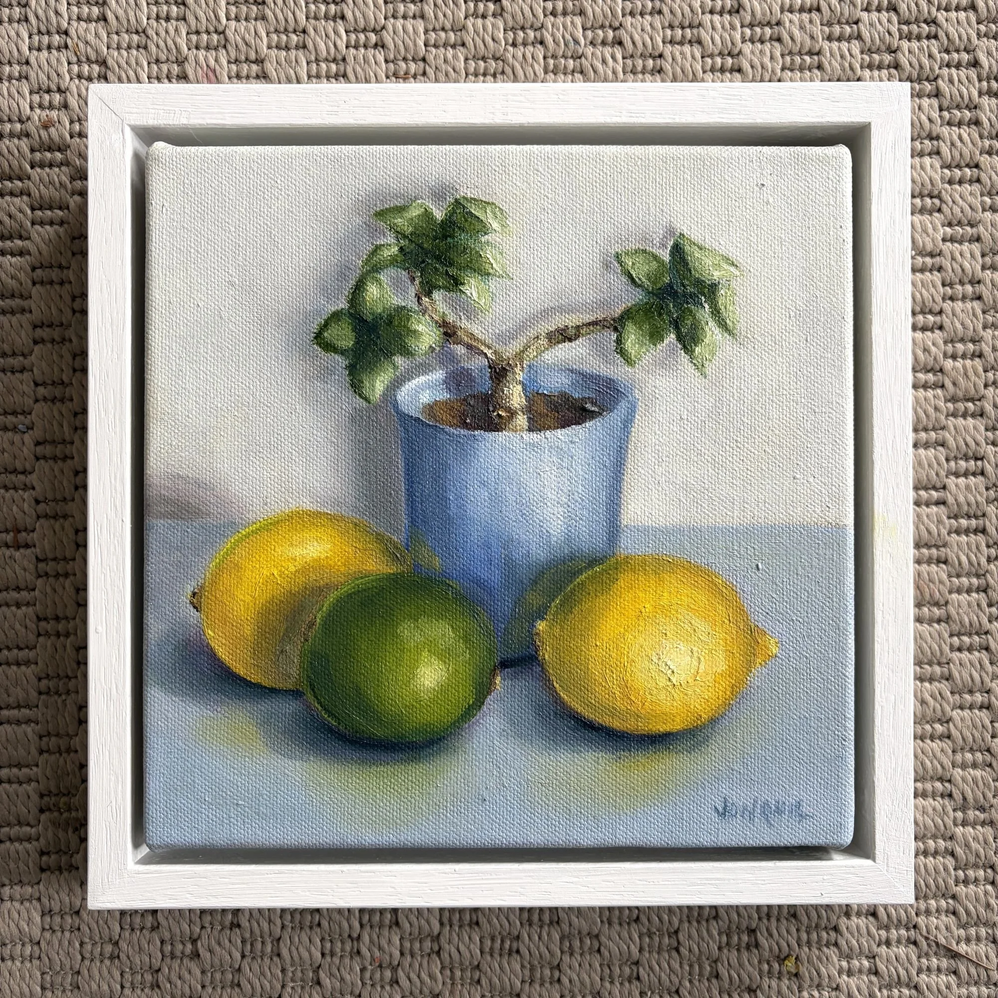 Original oil painting of yellow lemons, a lime with a succulent in a blue pot, framed by still life artist Jonquil Williamson.JPG
