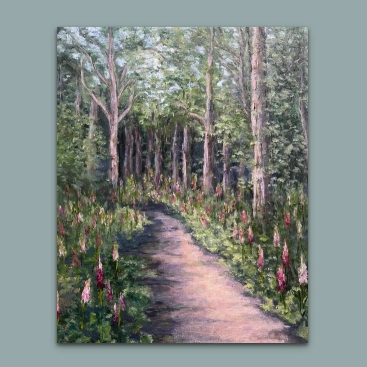 Landscape oil painting of a path surrounded by foxgloves in Wimbledon Common by British artist Jonquil Williamson