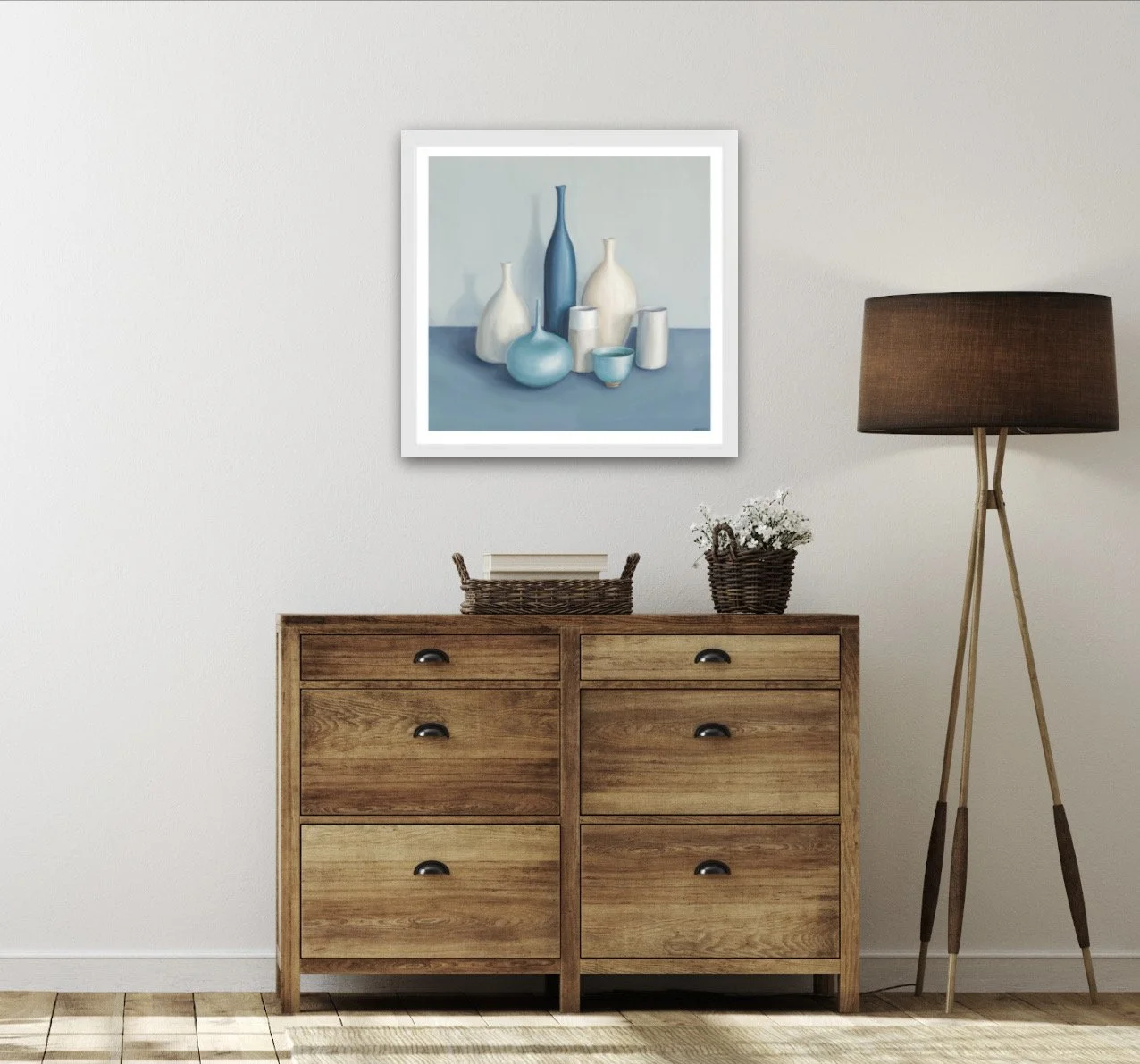 Contemporary still life painting of blue, turquoise and white ceramic bottles and small vessels  reproduced as a fine art giclée print.JPG