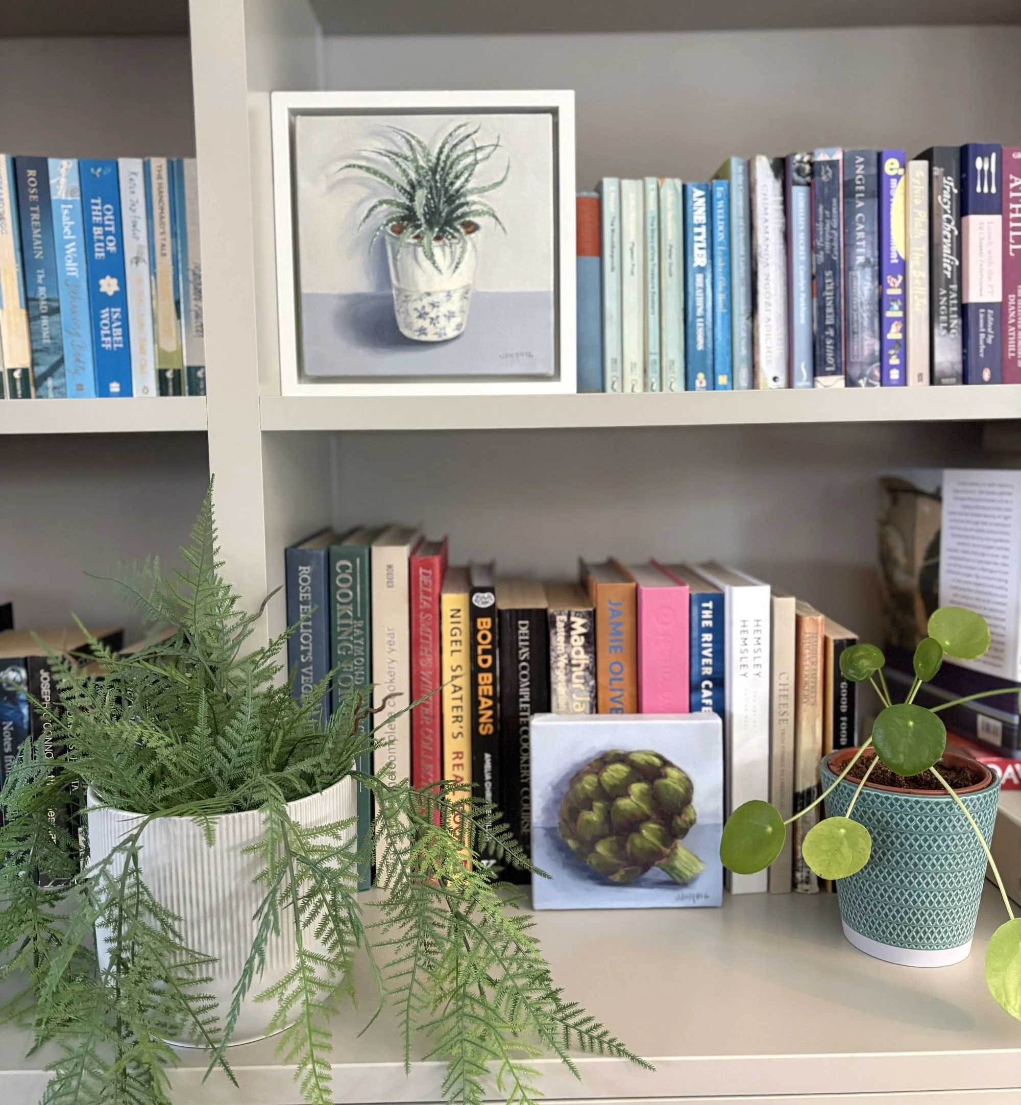 Spider plant in a ceramic pot, 24x24cm contemporary realist oil painting on canvas.