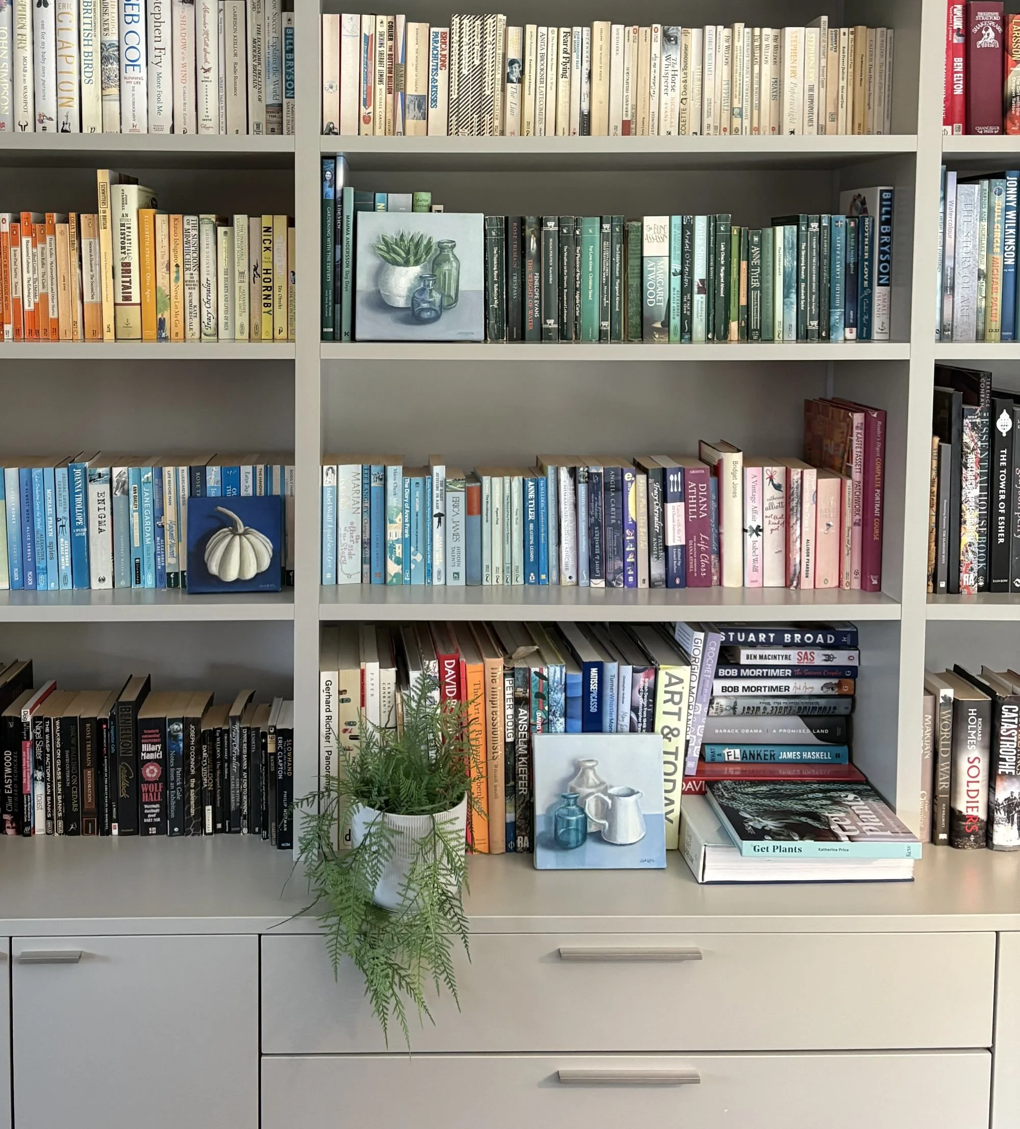Blue glass bottle and white jug still life, 20x20cm original oil painting on canvas.