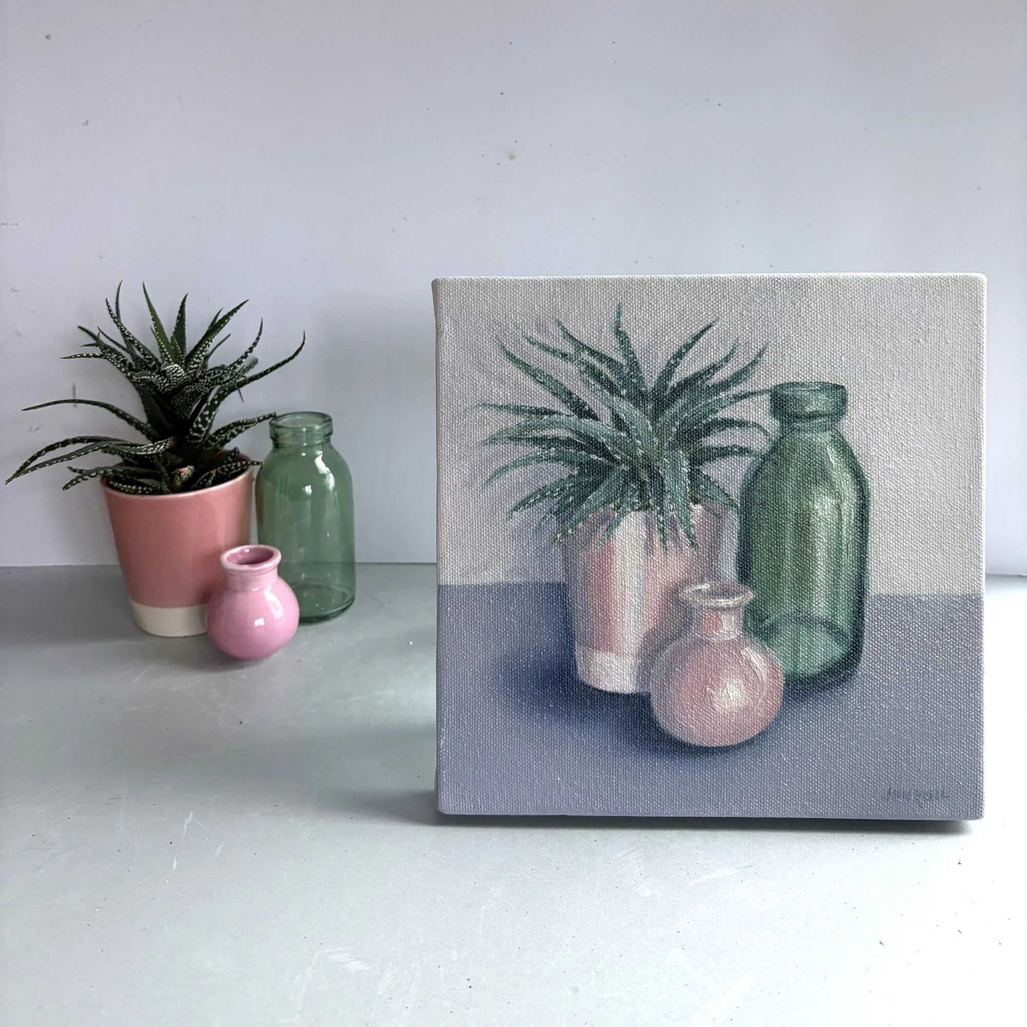 Small succulent with green glass bottle, 20x20cm contemporary original oil painting.