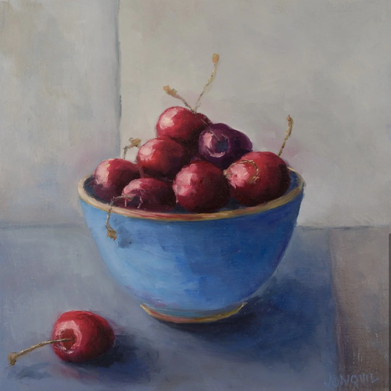 Fine art giclée print of red cherries in a blue bowl, reproduced from an original still life oil painting by British artist Jonquil Williamson.JPEG