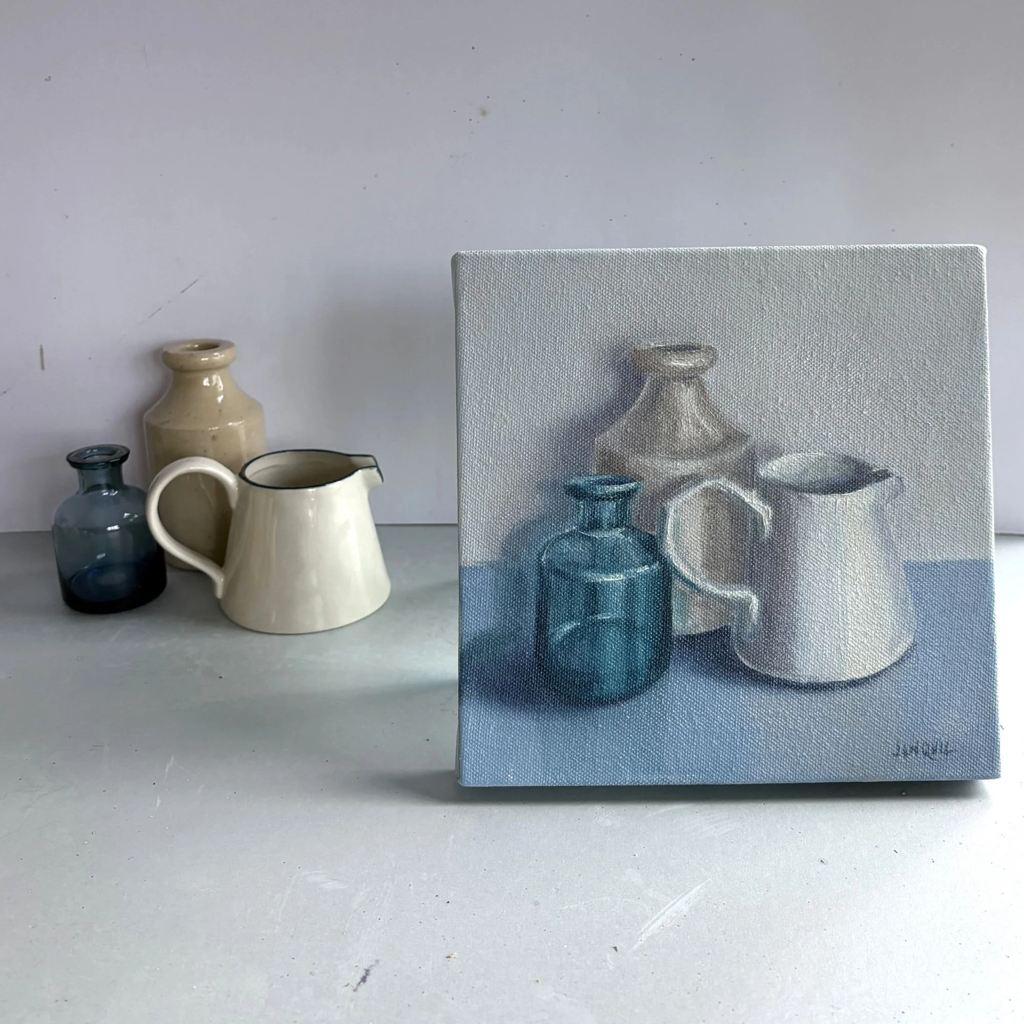Blue glass bottle and white jug still life, 20x20cm original oil painting on canvas.