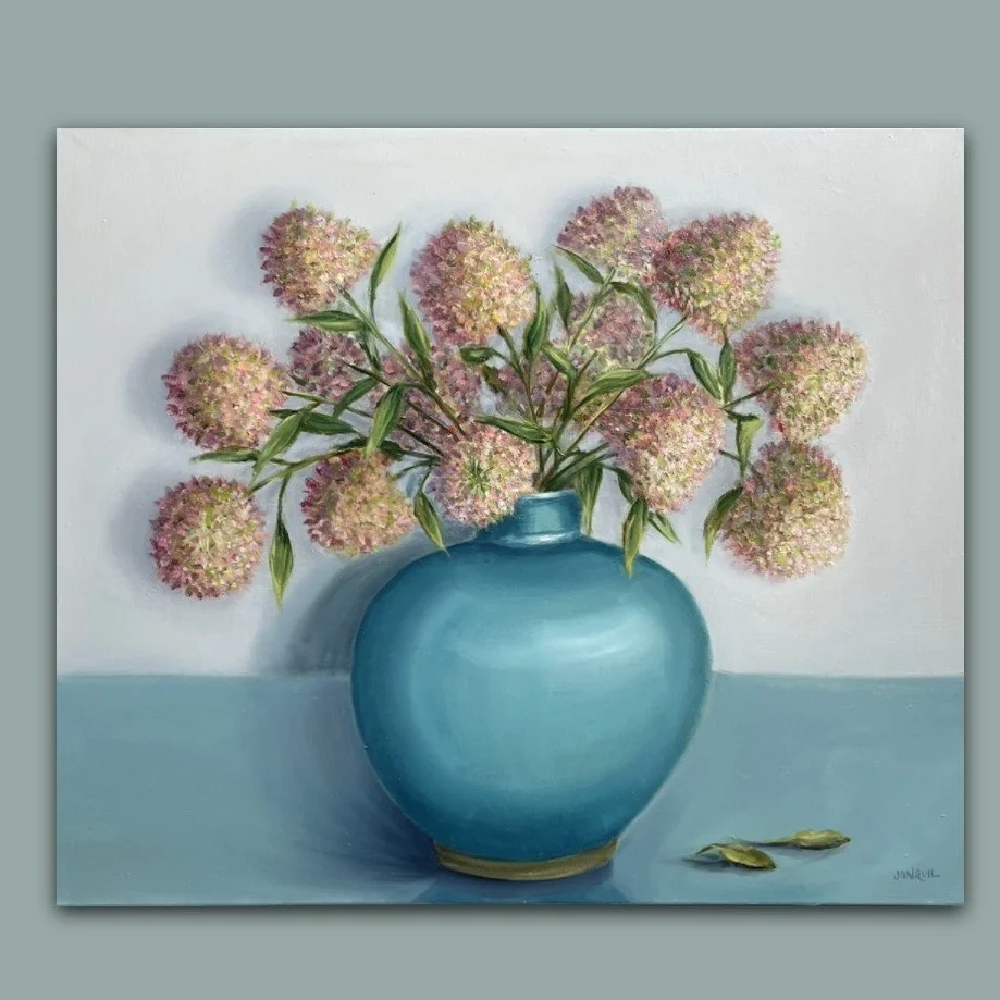 Soft pink and green fluffy hydrangea Paniculata in a teal jug by British still life artist Jonquil Williamson