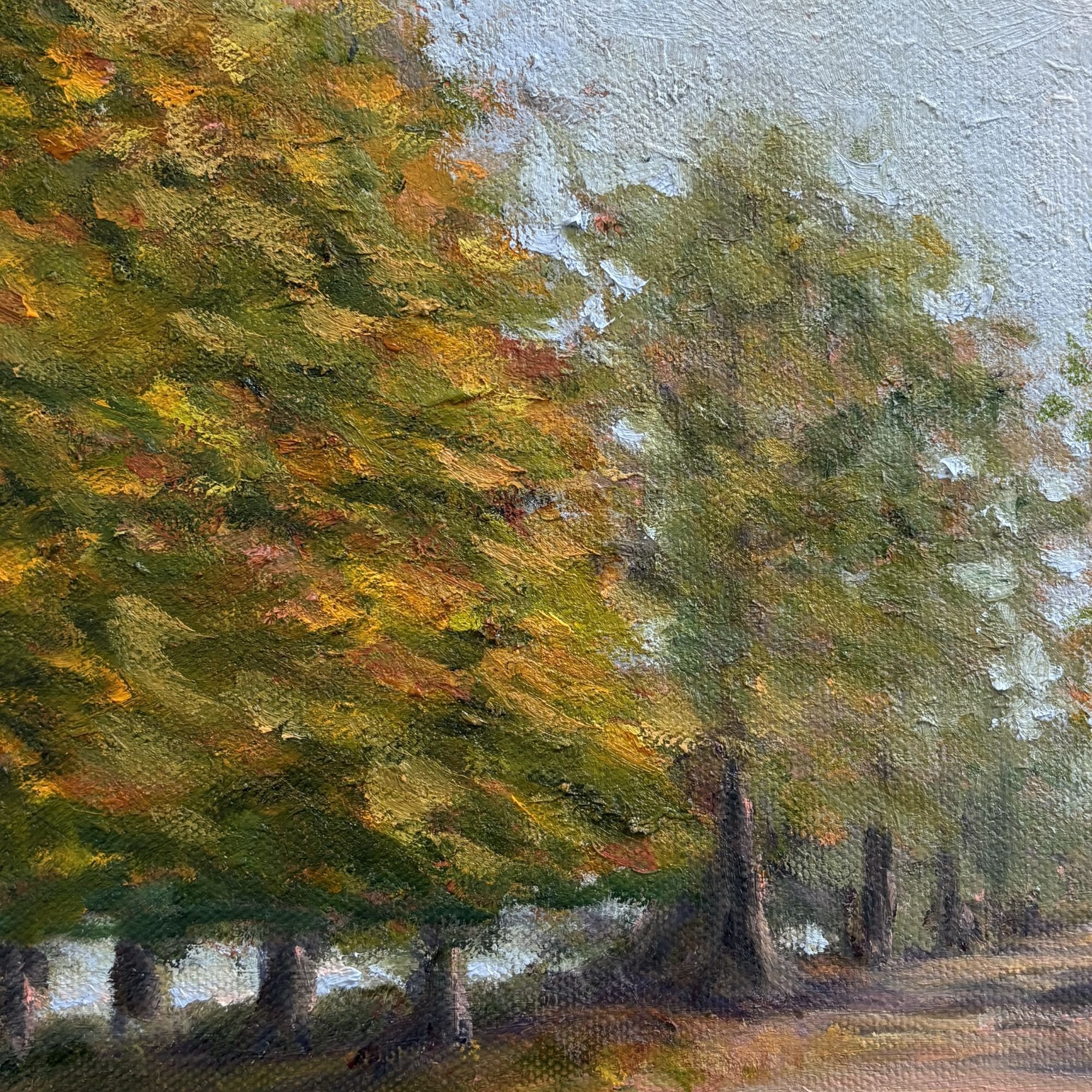Original contemporary realist oil painting of Pen Ponds in Richmond Park Surrey 34x29cm by Jonquil Williamson.jpg